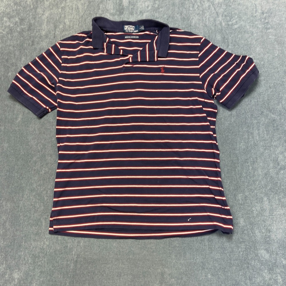 Polo Ralph Lauren Polo Shirt Mens Large Navy Blue Striped Performance Collared